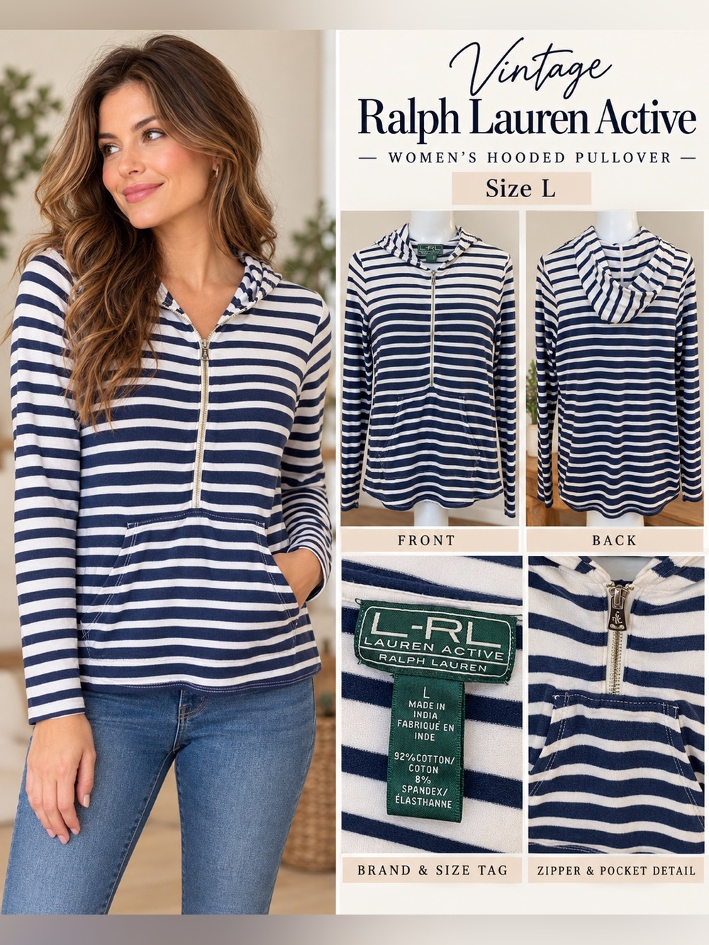 Vintage Ralph Lauren Active Striped Half Zip Hoodie Women's L